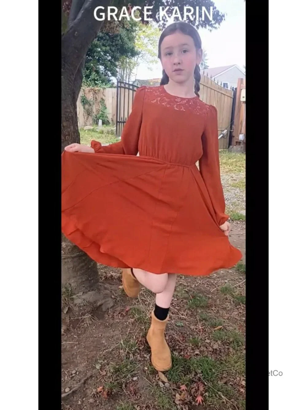 Girls Long Sleeve Midi A-Line Dress with Lace Panels & Twirl Skirt